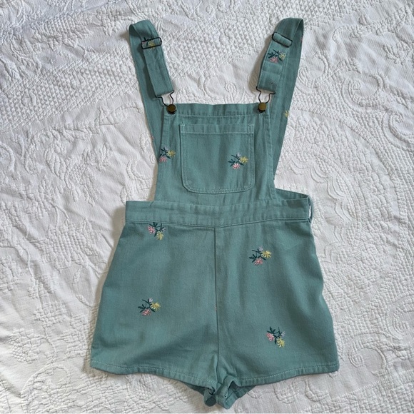 Floral Embroidery Pocket Romper NWT Cider Size Small Teal Blue Green 100% Cotton - Picture 10 of 12